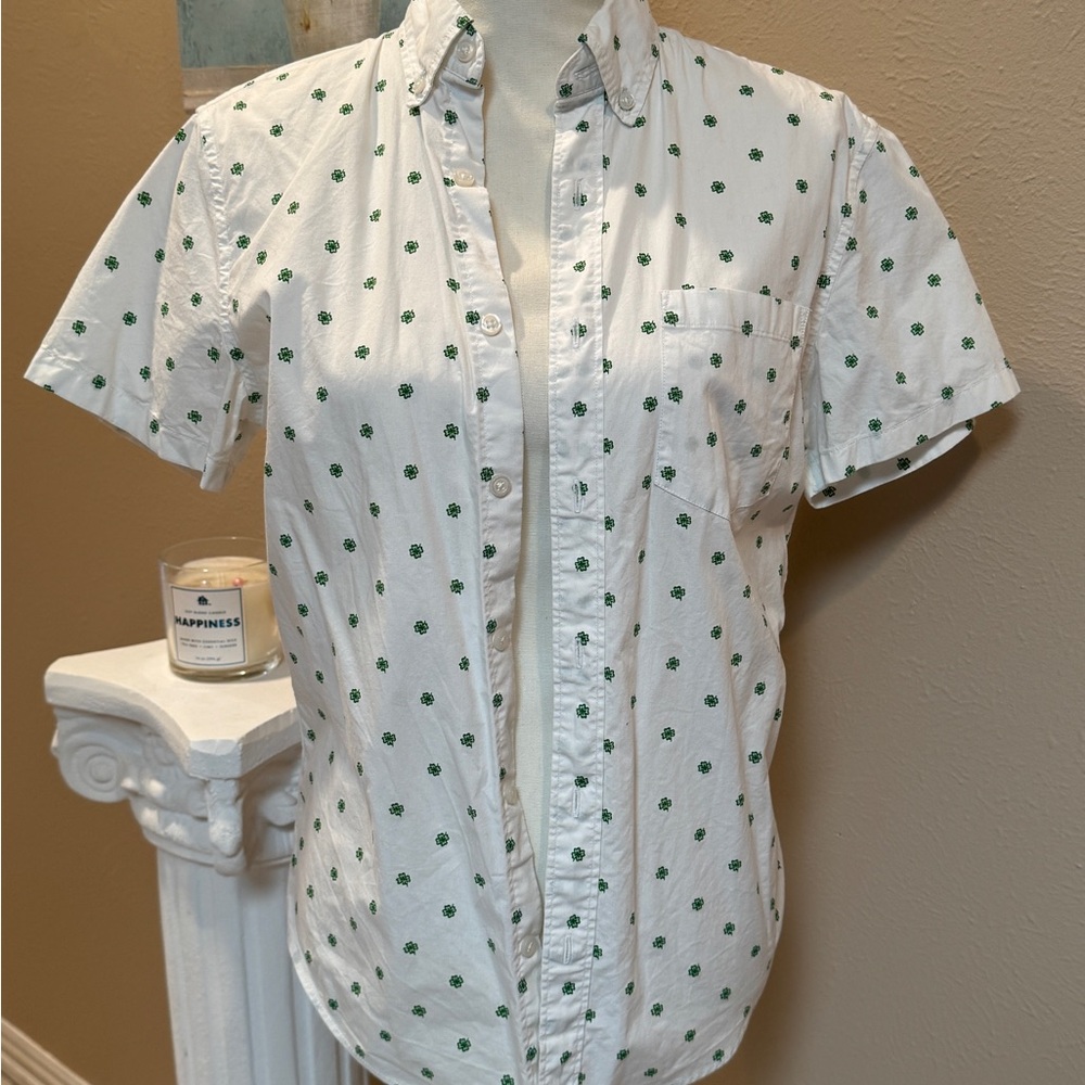 J. Crew White Shirt with Green Clover Pattern